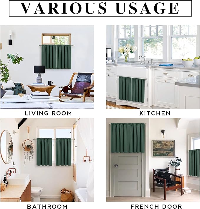 RYB HOME Blackout Curtains for Bedroom Living Room 63 inches Long, Thermal Insulated Privacy Rod Pocket Drapes for Nursery Office Home Theater, Width 42 by Length 63, Dark Green, 2 Panels