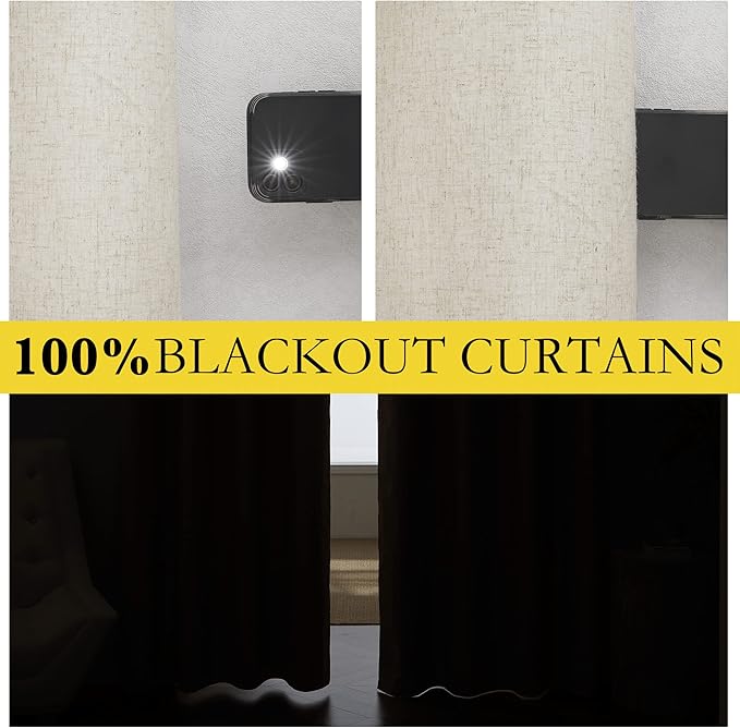 NICETOWN Natural Linen Curtains 45" Long with Noise Reducing for Small Window, 42" Wide, 2 PCs, Complete Blackout Drapes, Thermal Insulated & Noise Reducing Window Draperies with White Liner