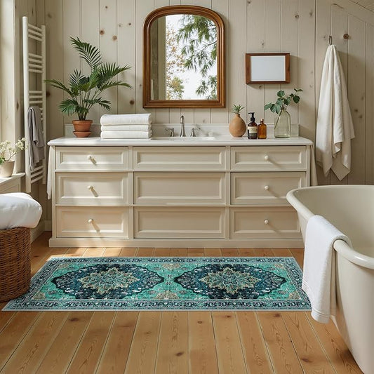 RELEANY Area Rugs 2'x5' Runner Rug Non Slip Washable for Kitchen Hallway Bedroom Beside Laundry Room Bathroom Rug, Floor Carpet, Teal Green Lake Blue Turquoise