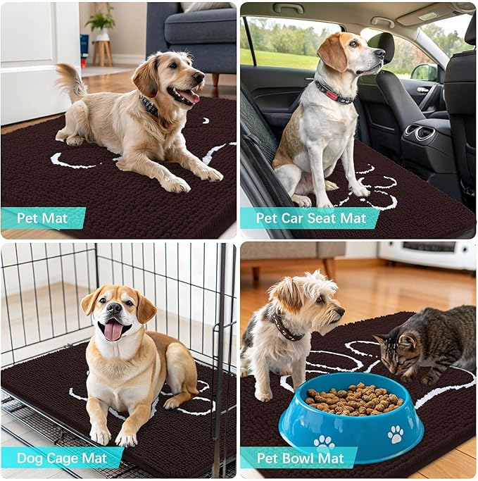 OLANLY Dog Door Mat for Muddy Paws 59x20, Paw Print Design, Absorbs Moisture and Dirt, Absorbent Non-Slip Washable Doormat, Quick Dry Chenille Mud Mat for Dogs, Entry Indoor Entryway Carpet, Brown