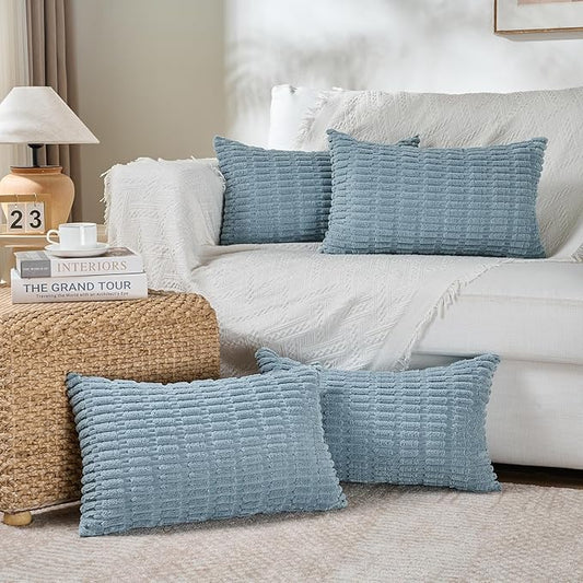 Fancy Homi 4 Packs Boho Light Blue Decorative Throw Pillow Covers 12x20 Inch for Couch Bed Sofa, Rustic Modern Farmhouse Home Decor, Soft Plush Corduroy Cute Rectangle Cushion Case 30x50 cm