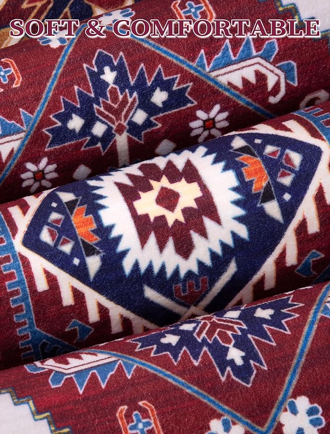 SERISSA Runner Rug for Hallways, 2'6"x12' Washable Non Slip Runner Rug, Extra Long Boho Rug Ultra Soft Vintage Burgundy Navy Print Floor Carpet for Bedroom Hallway Entryway Bathroom Laundry Room