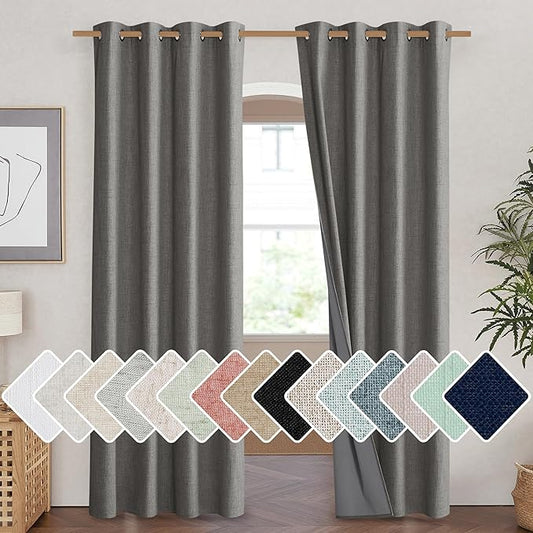 NICETOWN Grizzle Gray Vintage Linen 100% Blackout Curtains for Living Room, Thermal Insulated Curtains 90" Long, Noise Reducing Window Treatment Drapes for Home Cinema, 52" Wide Per Panel, Set of 2