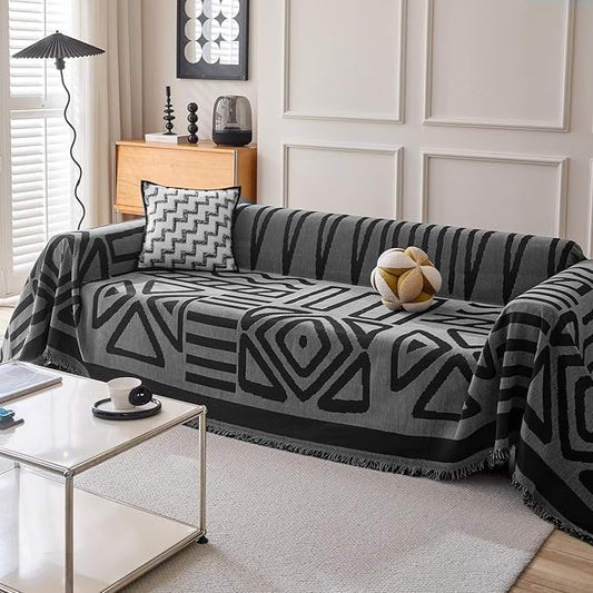 HANDONTIME Boho Geometric Couch Covers for Sofa Pet Friendly Dark Grey and Black Sofa Covers Washable Chenille Couch Blanket Cover for 2 Cushion Couches Pet Protector Furniture Cover Soft, 71" X 102"