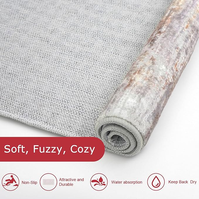 KOZYFLY Modern Abstract Washable Rug Runner 2.6x14 Hallway Rug Runner Non-Slip Soft Kitchen Runner Rugs, Multi Grey/Orange Striped Carpet for Entryway Bathroom