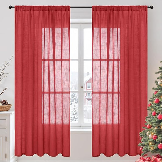 BGment Red Linen Curtains 72 Inches Long for Living Room, Semi Sheer Drapes with Rod Pocket Light Filtering for Bedroom Dining Lightweight, 2 Panels Set, Each 52 Inch Wide