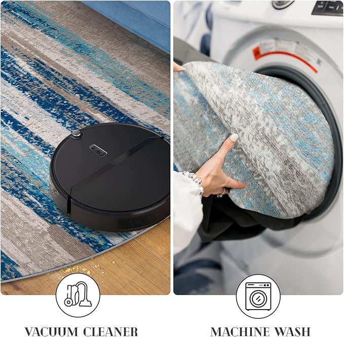 Lansny Modern Abstract Round Rug 3Ft, Blue Round Rug Washable Non-Slip Soft Small Circle Rug, Circular Entryway Rugs Thin Print Faux Wool Carpet Accent Rug for Bedroom Living Room Office Under Desk