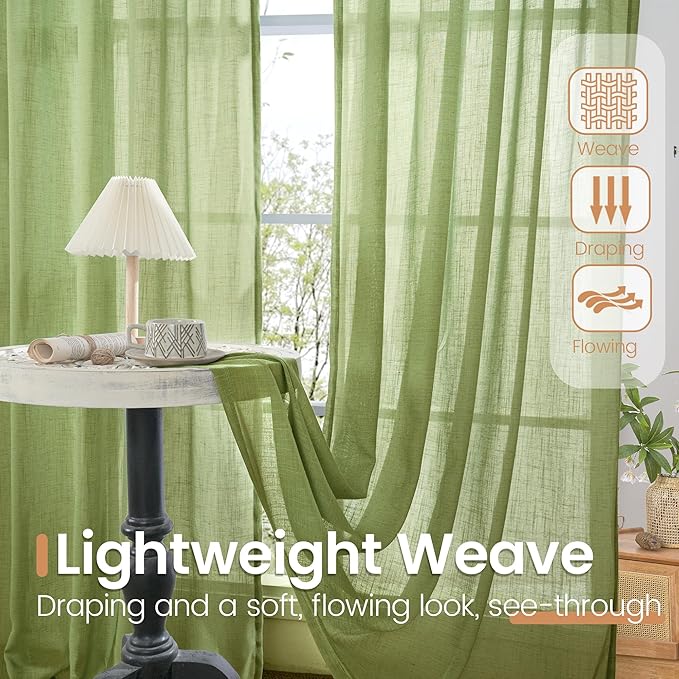 BGment 40 Inches Long Olive Green Linen Curtains for Short Window - Rod Pocket Small Drapes Textured Light Filtering for Cafe Bedroom Spring Lightweight Natural Rustic, 2 Panels Set, 42 X 40 Inch