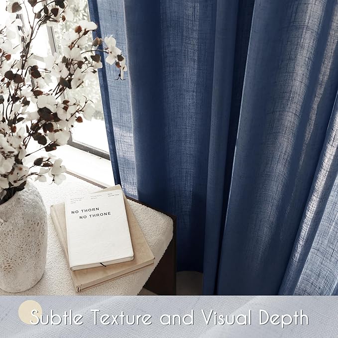 Navy Blue Curtains 84 inch Length for Bedroom Back Tab Light Filtering Semi Sheer Blue Living Room Curtains Linen Cotton Textured Indigo Blue Drapery Panel Modern Aesthetic Decor 42" Wx84 L