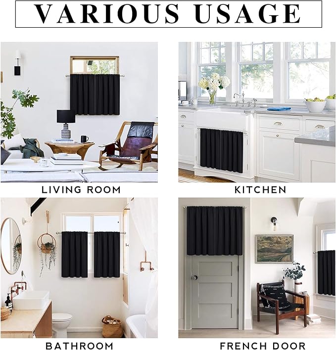 RYB HOME Cafe Blackout Curtains 24 inch Length, RV Curtains for Camper Windows, Mini Short Small Insulating Light UV Heat Blocking Privacy Half Window Tiers, Width 42 by Length 24, Black, 2 Panels