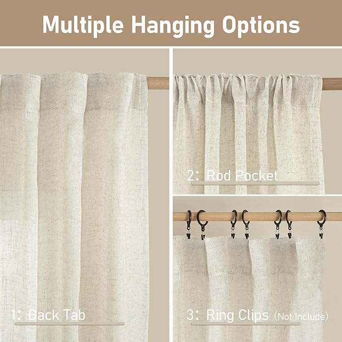LAMIT Semi Sheer 48 Inch Linen Curtains for Cafe 2 Panels, Cream Ivory Light Filtering Panels Back Tab and Rod Pocket Neutral Drapes for Small Window/Loft Room, 34 x 48 Inch