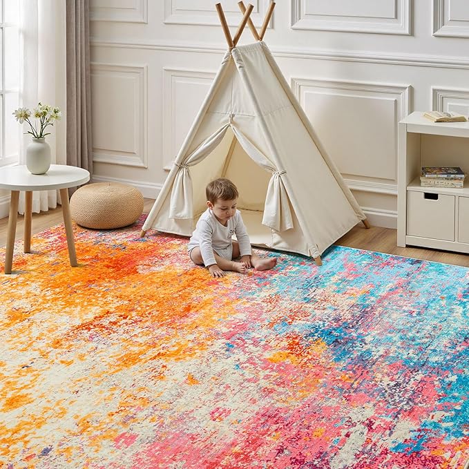 Rugflix 6x9 Area Rugs for Living Room, Washable Large Multicolor Rug Stain-Resistant Low Pile, Modern Carpet for Dining Room Home Office Kid Room Nursery Bedroom, Colorful Rainbow