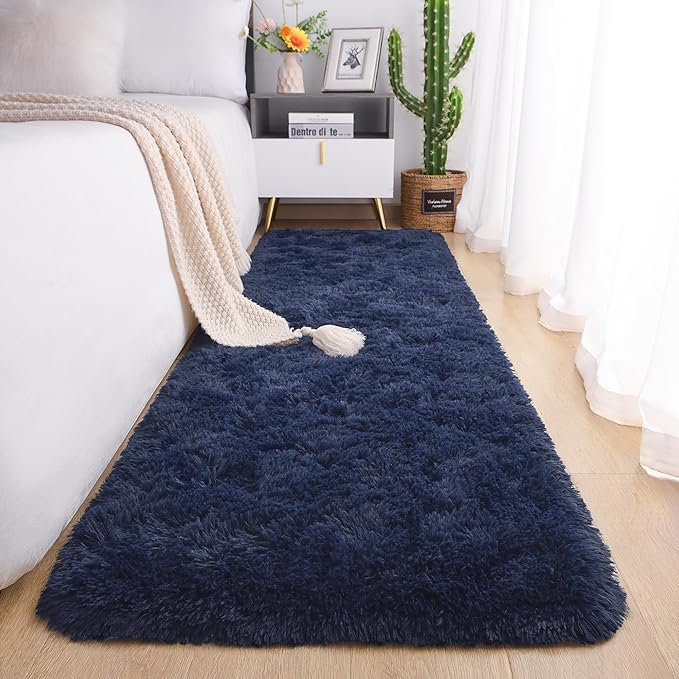 Chicrug Soft Runner Rug for Bedroom Living Room Plush Fluffy Rug 2x10 Feet, Shag Furry Runner Carpet Non Shedding for Nursery Children Kids Girls Room Home Decorative, Navy Blue