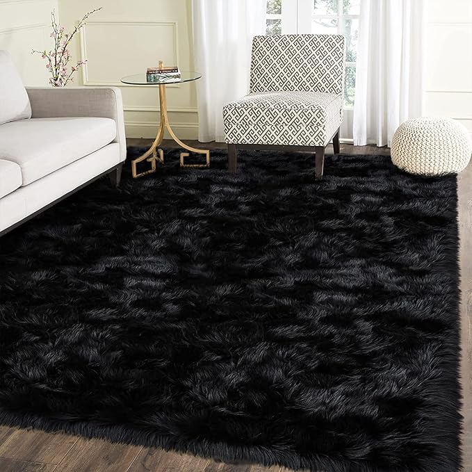 Latepis Rugs for Living Room Alfombras para Salas 5x8 Faux Sheepskin Black Fur Rug Fluffy Shag Plush Rugs for Bedroom Luxury Room Décor, Rectangle