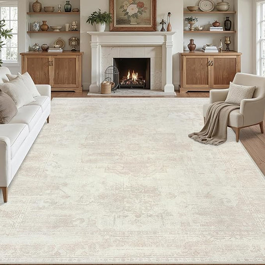 Area Rugs 9x12 Living Room: Vintage Boho Neutral Washable Rug Indoor Soft Large Area Rug Carpet for Bedroom Nursery Farmhouse Dining Room Office Floor Non-Slip Low Pile Under Table Rug Cream Beige