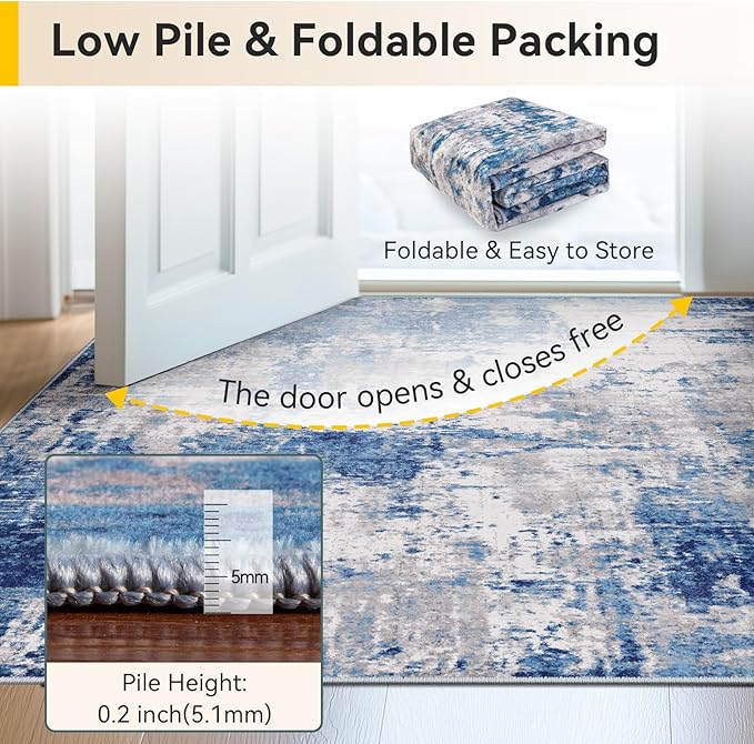 Washable Area Rugs Square 9ft Non-Slip Modern Abstract Soft for Living Room Entryway Bedroom Nursery, Print Pattern, Blue Grey Navy Gray