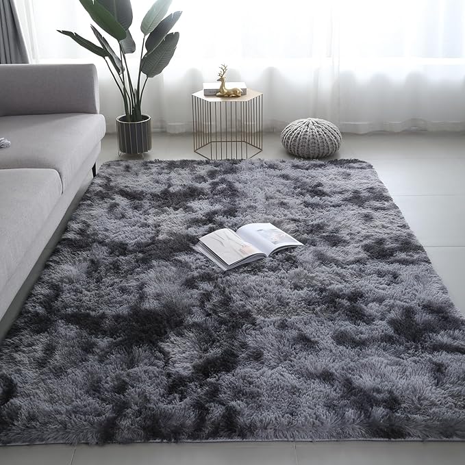 Shag Area Rugs for Bedroom Living Room,8X10 Ultra Soft Fluffy Area Rugs for Dorm, Indoor Carpet Nursery Rugs for Kids Girls Room Home Decor, Black Grey