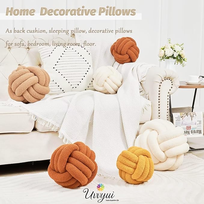 Uvvyui Knot Pillow Ball, Soft Home Decorative Round Throw Pillow, Handmade Knotted Plush Pillow, Round Boucle Pillow Cushion (8.6 Inches Orange)
