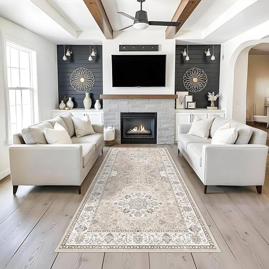Washable 4x8 Hallway Runner Rug: Vintage 8ft Soft Runners for Entry Kitchen Wide Non Slip Low Pile Carpet for Living Room Bedroom Thin Water Resistant Carpet for Bathroom Dining Room Foyer(Beige,4x8)