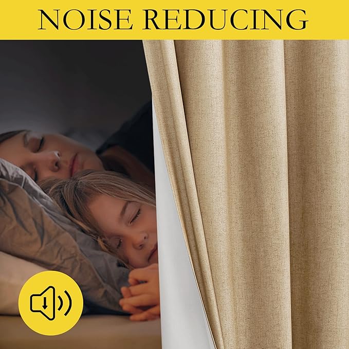 NICETOWN 100% Absolutely Blackout Linen Curtains with Thermal Insulated White Liner, Camel, 42" Wide by 63" Long, 2 Pieces, Linen Blend Window Drapes Privacy Window Treatments for Bedroom/Kids Room