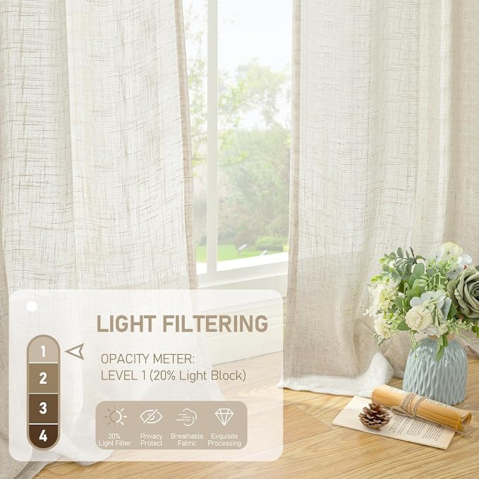LAMIT Linen Semi Sheer Curtains 96 inch Length 2 Panels Set, Cream Ivory Light Filtering Panels Back Tab and Rod Pocket Floor to Ceiling Curtains for Bedroom/Living Room, Natural, 52 x 96 Inch