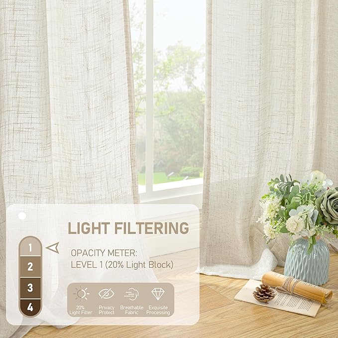 LAMIT Kitchen Semi Sheer Linen Curtains 24 Inch Long, Light Filtering Panels Back Tab and Rod Pocket Neutral Drapes for Cafe/Bathroom/Small Window, Natural, 2 Panels, 34 x 24 Inch