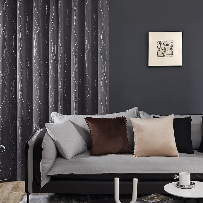 Deconovo Grey Blackout Curtains for Living Room, Thermal Insulated Soundproof Drapes, Wave Dots Foil Print, 52 x 72 Inches Long, 2 Panels, Machine‑Washable Window Panel for Bedroom Nursery Office