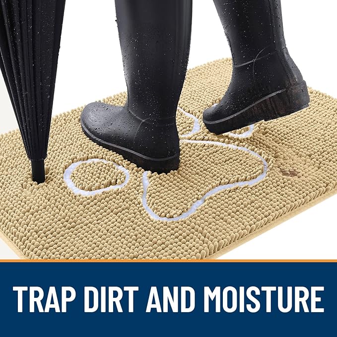 OLANLY Dog Door Mat for Muddy Paws 40x24, Paw Print Design, Absorbs Moisture and Dirt, Absorbent Non-Slip Washable Doormat, Quick Dry Chenille Mud Mat for Dogs, Entry Indoor Entryway Carpet, Beige