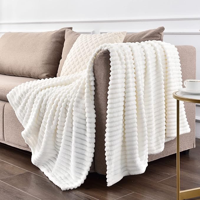 BEDELITE Fleece Blanket Queen Size – 3D Ribbed Jacquard Soft and Warm Decorative Fuzzy Blankets – Cozy, Fluffy, Plush Lightweight Throw Blankets for Couch, Bed, Sofa(Off White, 90x90 inches)