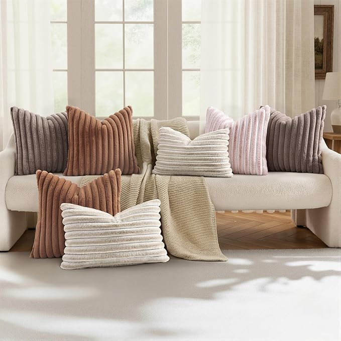 decorUhome Cozy Faux Fur Throw Pillow Covers 12x20 Set of 2 Decorative Soft Plush Striped Lumbar Modern Farmhouse Boho Couch Pillow Cases with Velvet Back for Sofa Bed Living Room, Light Coffee
