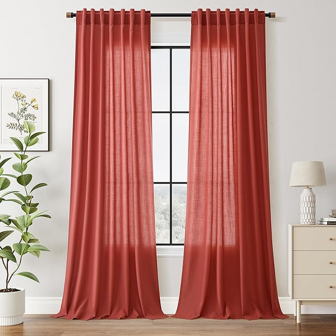 Nanspring Christmas Red Linen Curtains 96 Inches Long for Living Room Light Filtering Semi Sheer Curtain Back Tab Rod Pocket Vintage Rustic Luxury Home Decor Neutral Drapes for Bedroom 52x96, 2 Panels