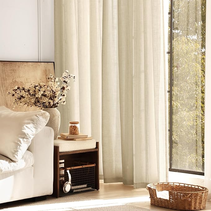 Greyish Beige Linen Curtain 90 inch Length 2 Panels Set Back Tab Light Filtering Living Room Curtain Drapes Home Office Modern Minimalist Decor Farmhouse Boho Neutral Semi Sheer Curtain 90 inch Long