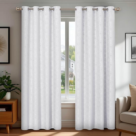 Deconovo White Curtains, Room Darkening Living Room Curtain, Thermal Insulated Soundproof Drapes, Hexagon Silver Print Pattern, 52 x 72 Inch, Grommet Panel for Bedroom Kitchen Office Nursery, Set of 2