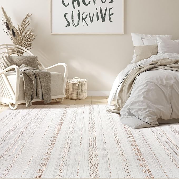 Nakagishi 8x12 Area Rugs Living Room: Washable Boho Large Neutral Soft Farmhouse Rug Stain Resistant Modern Moroccan Non-Slip Indoor Floor Carpet for Bedroom Nursery Kids Playroom Office- Brown