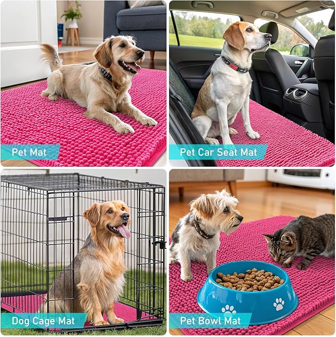 OLANLY Dog Door Mat for Muddy Paws 24x16, Absorbs Moisture and Dirt, Absorbent Non-Slip Washable Doormat, Quick Dry Chenille Mud Mat for Dogs, Entry Indoor Entryway Carpet for Inside Floor, Hot Pink