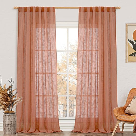 LAMIT Terracotta Linen Boho Curtains 84 inch Length 2 Panels, Light Filtering Burnt Orange Panels Back Tab and Rod Pocket Western Rustic Drapes for Bedroom/Living Room, 52 x 84 Inch