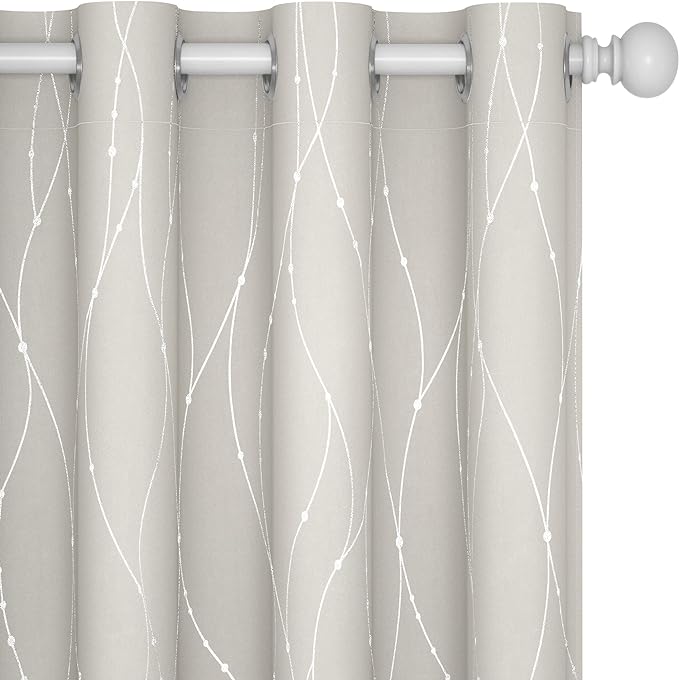 Deconovo Room Darkening Curtains, Farmhouse Boho Beige Curtain, Thermal Insulated Soundproof Drapes, Silver Wave Dots Print, 52 x 95 Inch Long, Machine Washable Panels for Nursery Bedroom, Set of 2