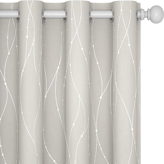 Deconovo Beige Curtains for Living Room, Light Darkening Soundproof Drapes with Wave Dots Silver Print, 52 x 72 Inch Long, Farmhouse Boho Curtain, Set of 2 Window Panels for Bedroom Office Nursery
