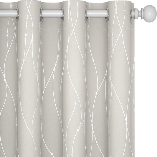 Deconovo Beige Blackout Curtains, Room Darkening Curtain, Thermal Insulated Soundproof Drapes, Silver Wave Dots Print, 52 x 54 Inch, Machine Washable Window Panels for Kitchen Nursery Office, Set of 2