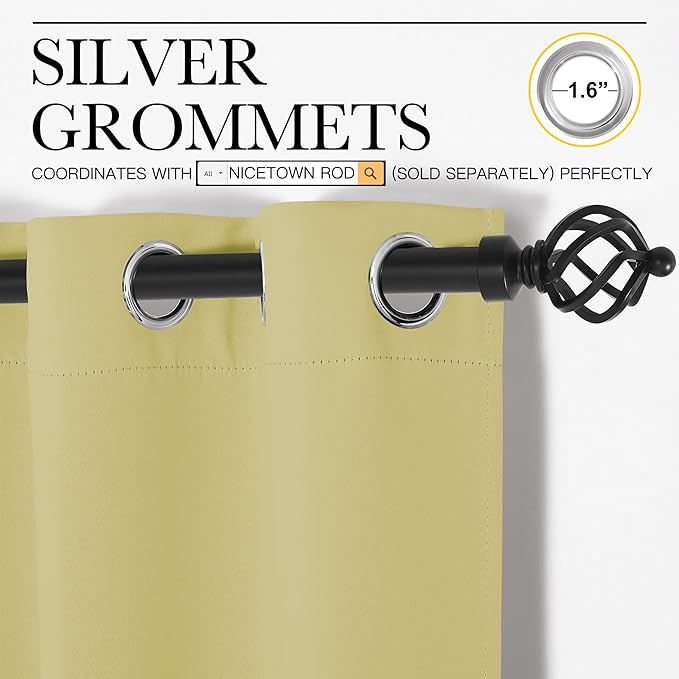 NICETOWN Bedroom Curtains Blackout Drapery Panels, 2 Panels, 42 x 54 Inch, Paler Yellow, 3 Pass Microfiber Thermal Insulated Solid Ring Top Blackout Window Curtains/Drapes