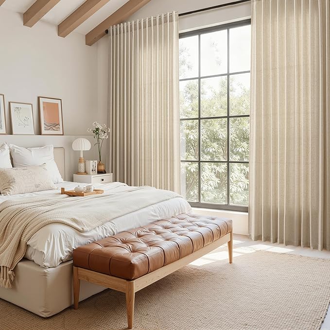 Nanspring Taupe Burlywood Linen Curtains 84 Inch Length for Living Room Rustic Farmhouse Light Filtering Semi Sheer Curtain Back Tab Privacy Burlap Drapes for Bedroom Office 52x84, 2 Panels