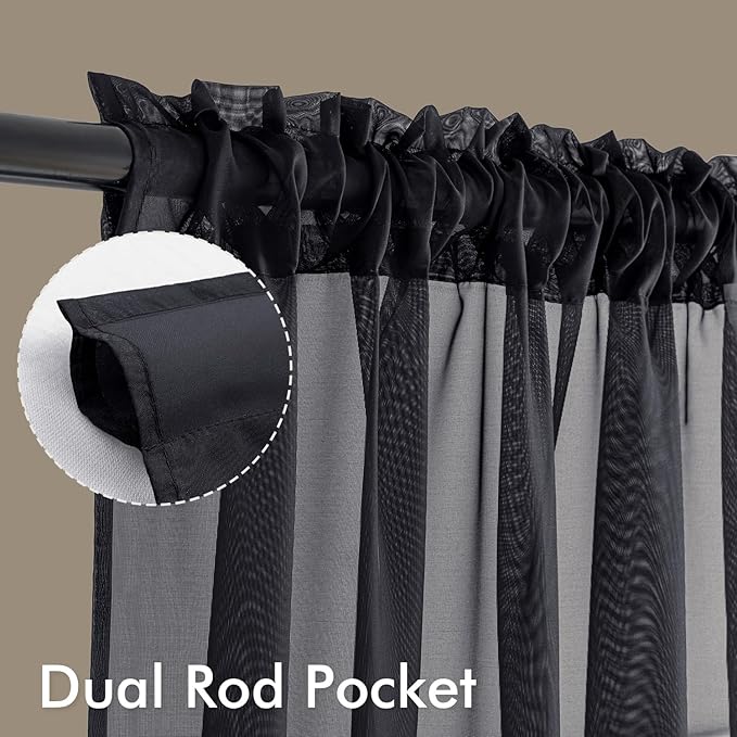 MIULEE Black Sheer Curtains 96 Inches Long, 4 Panels Set, Light Filtering Halloween Rod Pocket Voile Drapes for Living Room and Bedroom, Airy Soft Fabric Window Treatments, 54 x 96 Inches