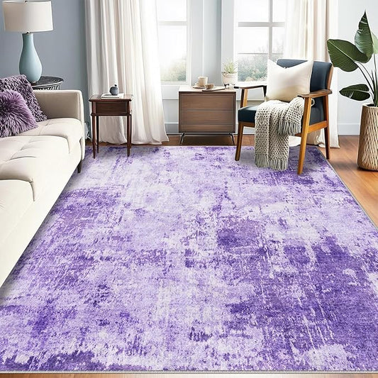 Washable Area Rugs 7'x9' Non-Slip Modern Abstract Soft for Living Room Entryway Bedroom Nursery, Print Pattern, Purple Gray Pink White
