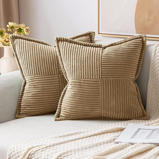 MIULEE Khaki Corduroy Decorative Euro Sham Pillow Covers 24x24 Inch with Splicing Set of 2 Soft Boho Pillow Covers Broadside Textured Pillowcases for Couch Bed Livingroom