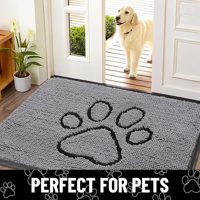 Smiry Dog Door Mat for Muddy Paws, Absorbent Dirt Trapper Non Slip Quick Dry Washable Chenille Mat for Mud Dogs, Entry Rug for Indoor and Outdoor (54x24 Inches, Grey and Black)