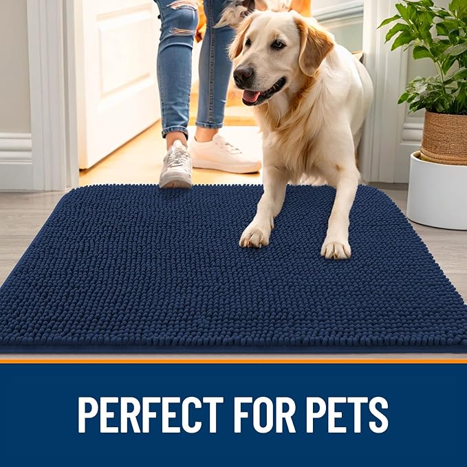 OLANLY Dog Door Mat for Muddy Paws 47x20, Absorbs Moisture and Dirt, Absorbent Non-Slip Washable Doormat, Quick Dry Chenille Mud Mat for Dogs, Entry Indoor Entryway Carpet for Inside Floor, Dark Blue