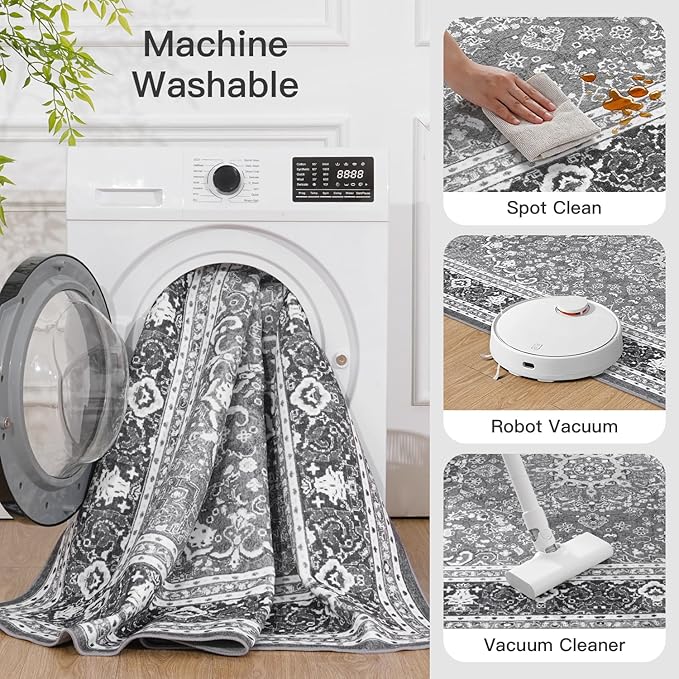 Lofus 5x7 Area Rugs for Living Room, Machine Washable Non-Slip Area Rug, Low Pile Large Rugs for Bedroom, Kitchen, Dining Room, Home Office, Vintage Oriental Print Rug, Light Grey with White