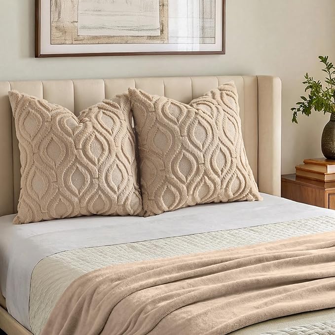 decorUhome Throw Pillow Covers 22x22 Inch Set of 2, Soft Plush Faux Wool Light Khaki Solid Couch Pillow Covers, Accent Euro Sham Farmhouse Neutral Square Pillow Cases for Sofa Bed Living Room