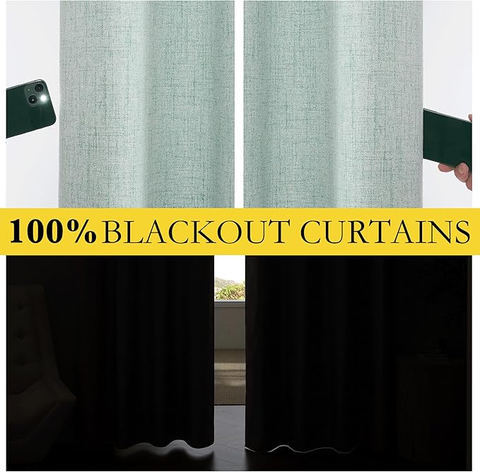 NICETOWN 100% Absolutely Blackout Linen Curtains with Thermal Insulated White Liner, Seafoam Green, 52" Wide, 95" Length Energy Saving Curtains for Living Room 2 Panels Set, Vertical Blinds