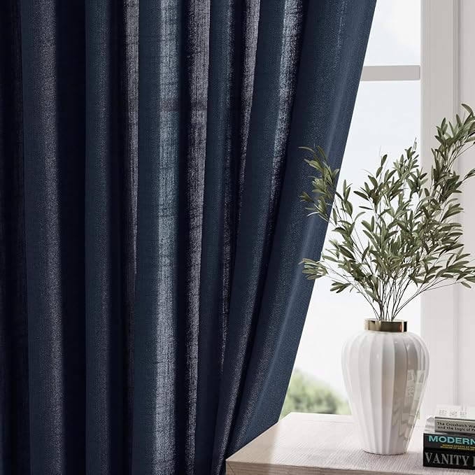 Nanspring Navy Blue Linen Curtains 63 Inches Length 2 Panels Set for Living Room Back Tab Pocket Light Filtering Semi Sheer Drapes Cotton Linen Textured Indigo Blue Window Curtain 52X63 Inches